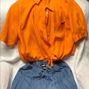 SET: DKNY Orange Short-Sleeve Button Shirt with Blue Drawstring Pants 2 piece!